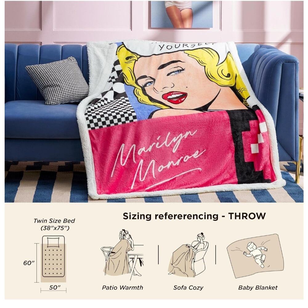 Bedsure Marilyn Monroe Sherpa throw 60”x 50” One Side Solid White Sherpa New